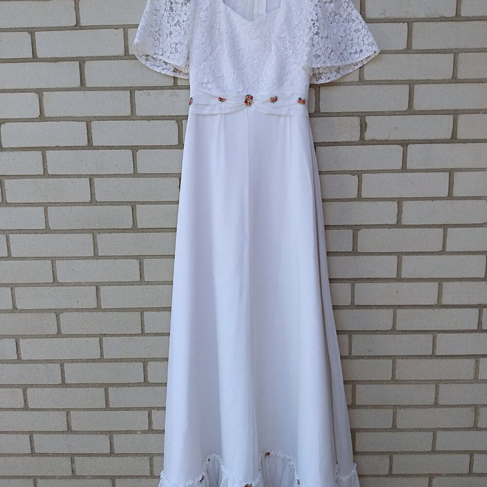 Vintage White Party Dress 29" Bust Bridal Gown Lace Flounce Sleeves Pink Flowers - Picture 2 of 15